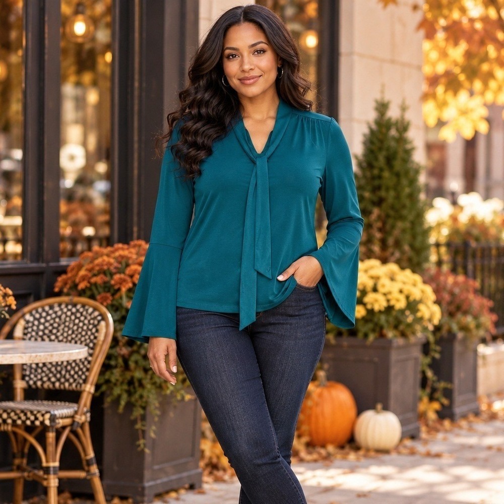 Apt. 9 Blouse Women Small Teal Tie Neck Bell Sleeve Stretch Workwear Top